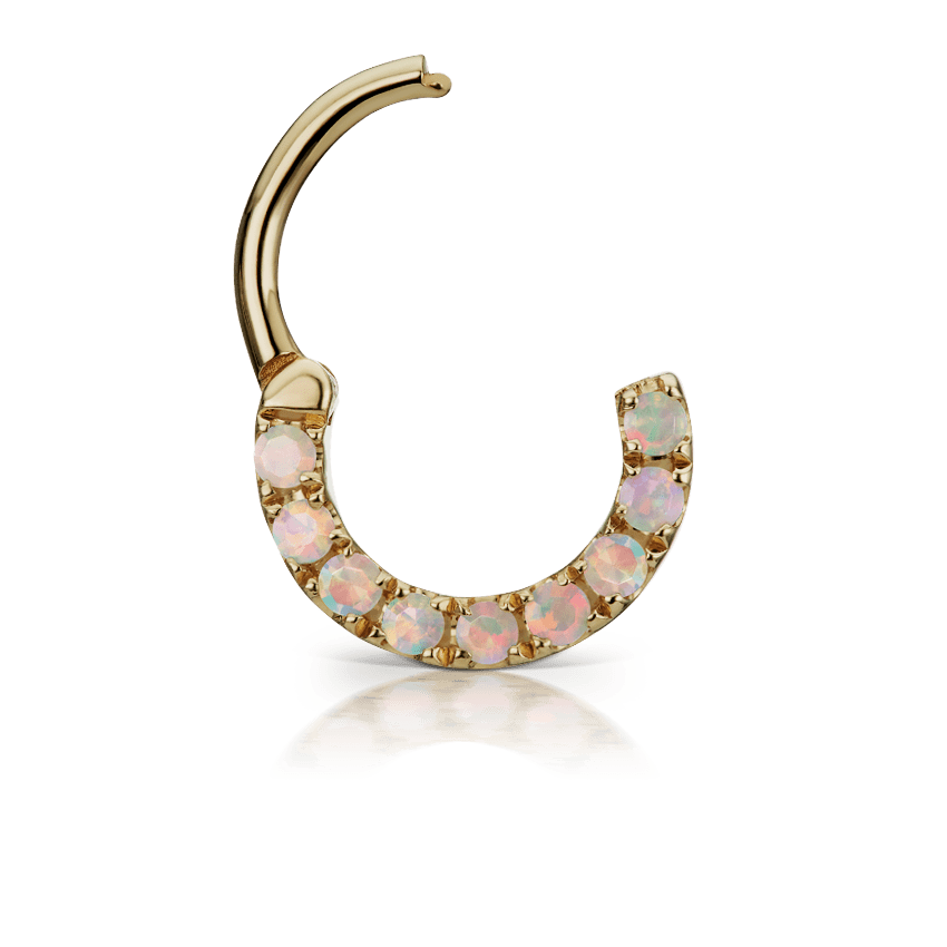 Opal Horizontal Eternity Hoop Earring Yellow Gold 6.5mm 16 Gauge = 1.3mm