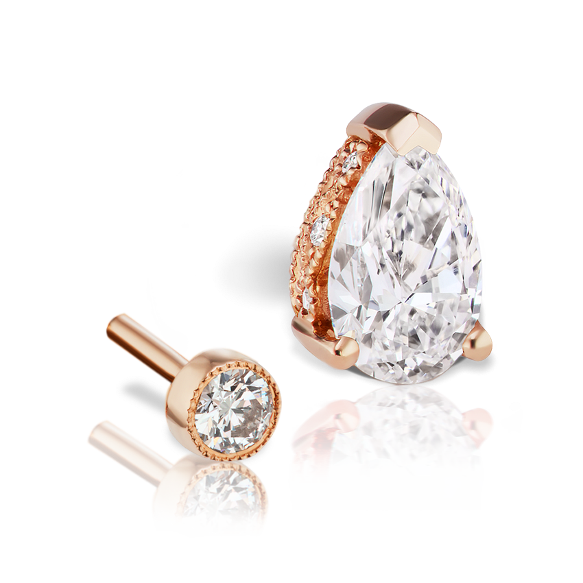 Pear Diamond Threaded Stud Earring, Diamond Back Rose Gold 6mm