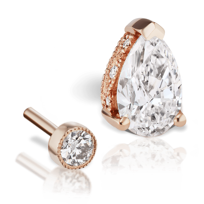 Pear Diamond Threaded Stud Earring, Diamond Back Rose Gold 7mm