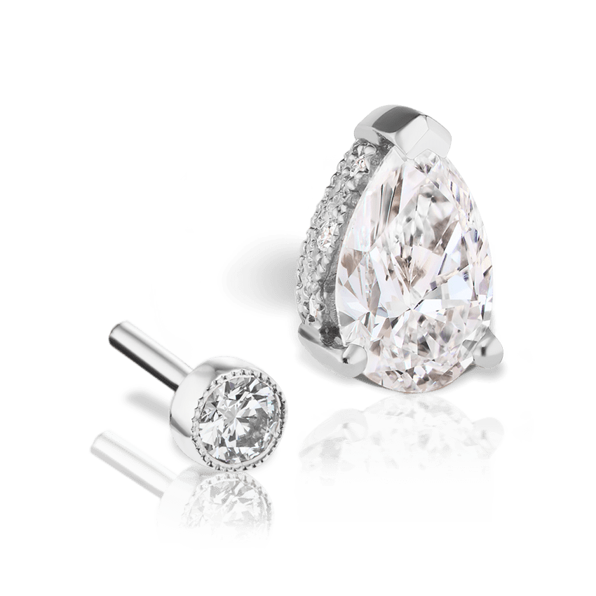 Pear Diamond Threaded Stud Earring, Diamond Back White Gold 6mm