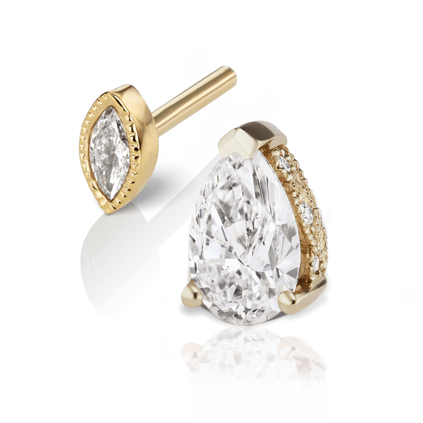 Pear Diamond Threaded Stud Earring, Marquise Diamond Back Yellow Gold 6mm