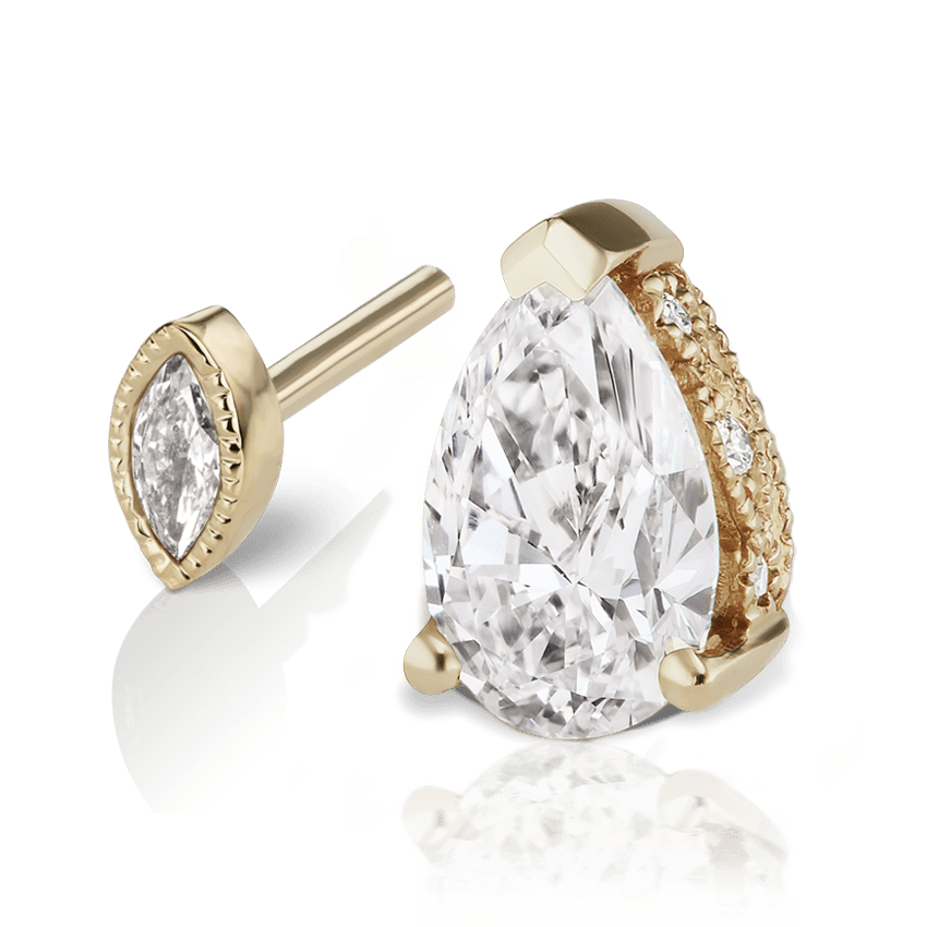 Pear Diamond Threaded Stud Earring, Marquise Diamond Back Yellow Gold 7mm