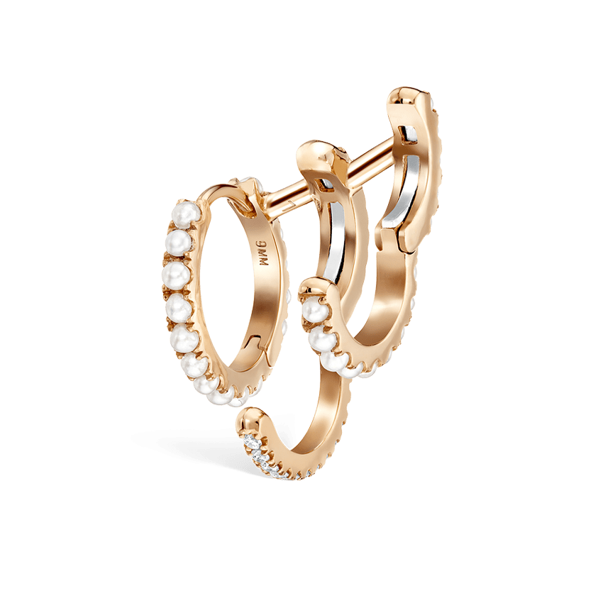 Pearl and Diamond Triple Linked Eternity Hoop Earring and Cuffs Rose Gold 9.5mm Left