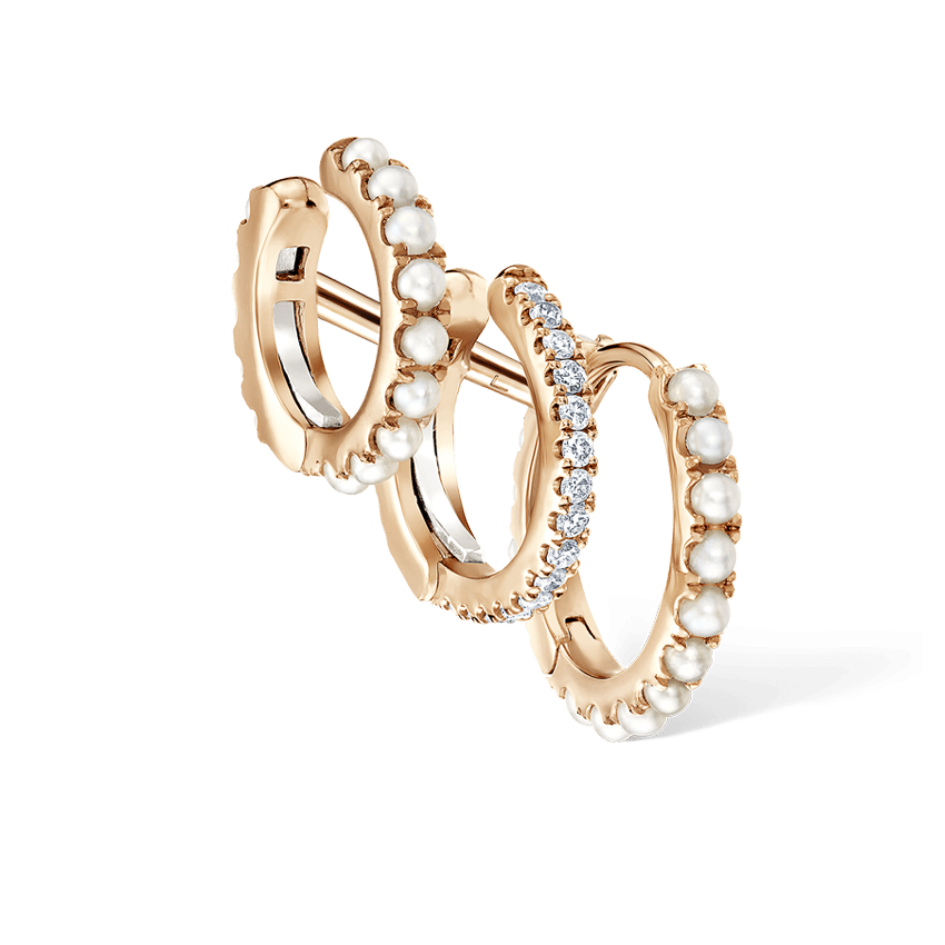 Pearl and Diamond Triple Linked Eternity Hoop Earring and Cuffs Rose Gold 9.5mm Right