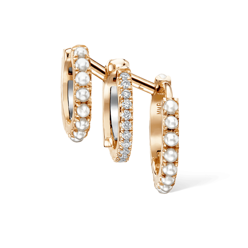Pearl and Diamond Triple Linked Eternity Hoop Earring and Cuffs Rose Gold 9.5mm Right