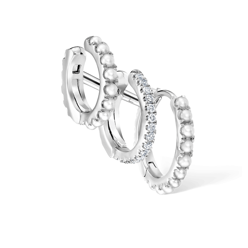 Pearl and Diamond Triple Linked Eternity Hoop Earring and Cuffs White Gold 9.5mm Right
