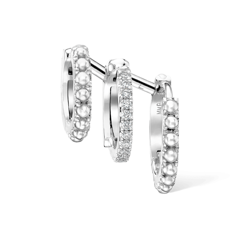 Pearl and Diamond Triple Linked Eternity Hoop Earring and Cuffs White Gold 9.5mm Right