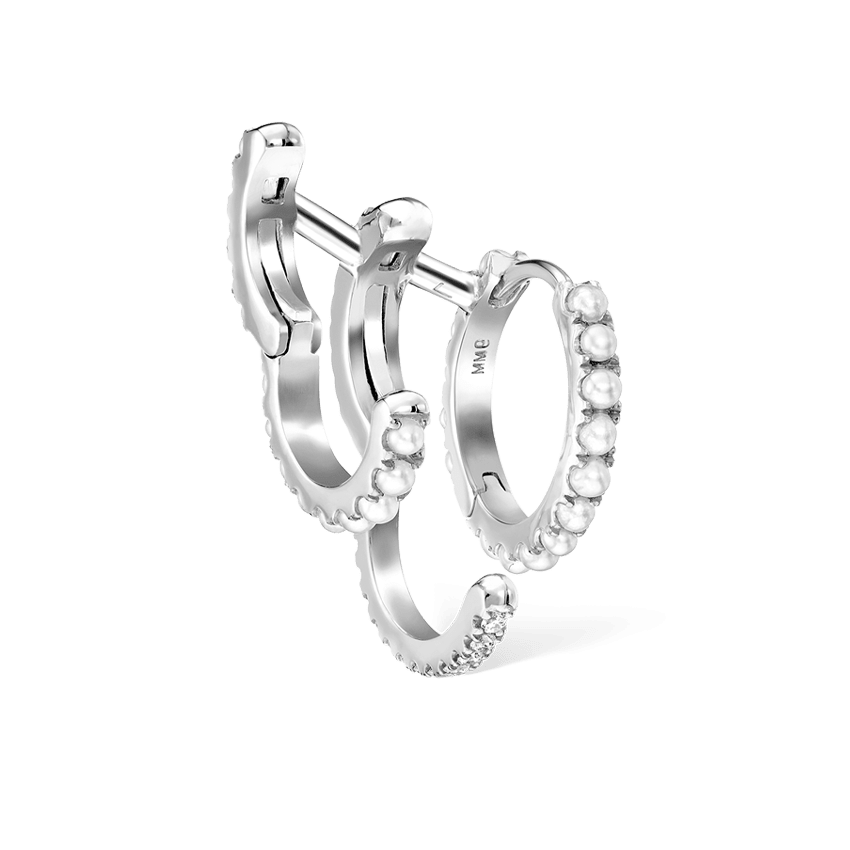 Pearl and Diamond Triple Linked Eternity Hoop Earring and Cuffs White Gold 9.5mm Right