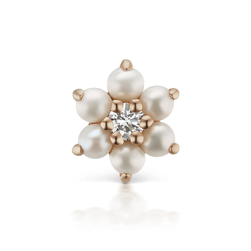 Pearl Flower with Diamond Center Threaded Stud Earring Rose Gold 7mm