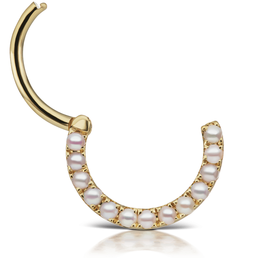 Pearl Horizontal Eternity Hoop Earring Yellow Gold 9.5mm 16 Gauge = 1.3mm