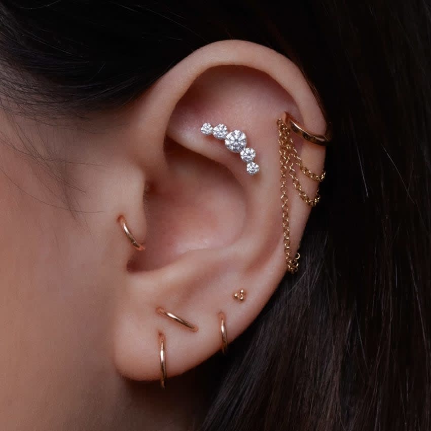 Invisible Set Five Diamond Open Curve Threaded Stud Earring White Gold