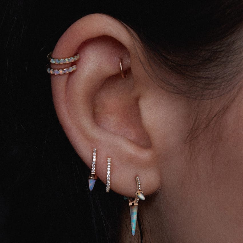 Single Short Opal Spike Diamond Eternity Hoop Earring Rose Gold 6.5mm
