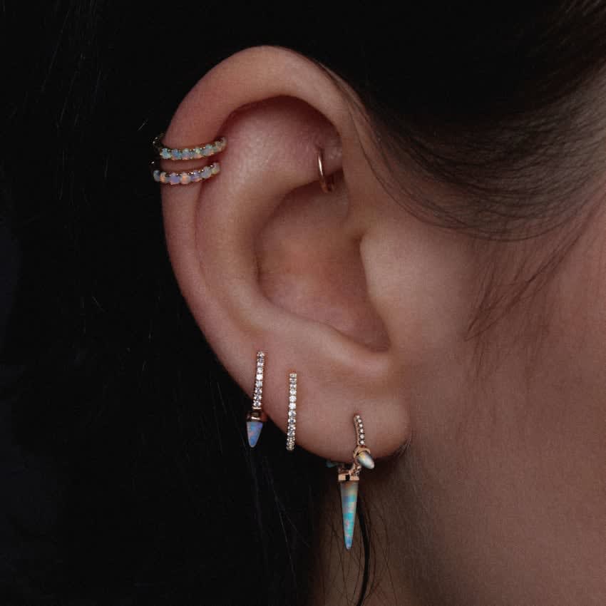 Triple Long Opal Spike Diamond Eternity Hoop Earring Rose Gold 8mm