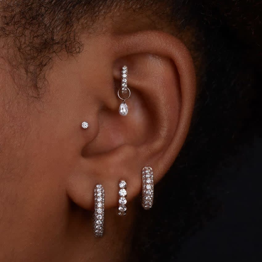 Invisible Set Diamond Three Row Pavé Hoop Earring White Gold 9.5mm