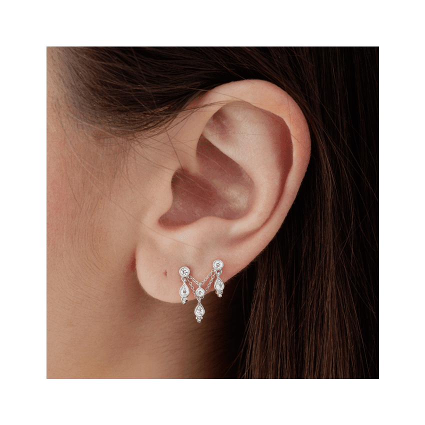 Scallop Set Round Diamond and Pear Trinity Orbital Earring White Gold