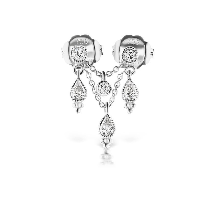 Scallop Set Round Diamond and Pear Trinity Orbital Earring White Gold