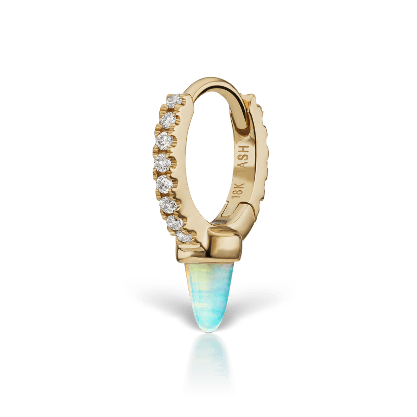 Single Short Opal Spike Diamond Eternity Hoop Earring Yellow Gold 6.5mm