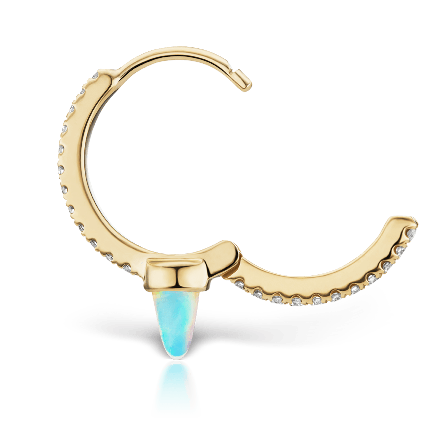 Single Short Opal Spike Diamond Eternity Hoop Earring Yellow Gold 9.5mm