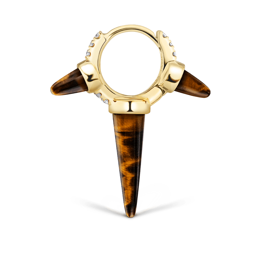 Tiger's Eye Triple Long Spike Diamond Eternity Hoop Earring Yellow Gold 6.5mm