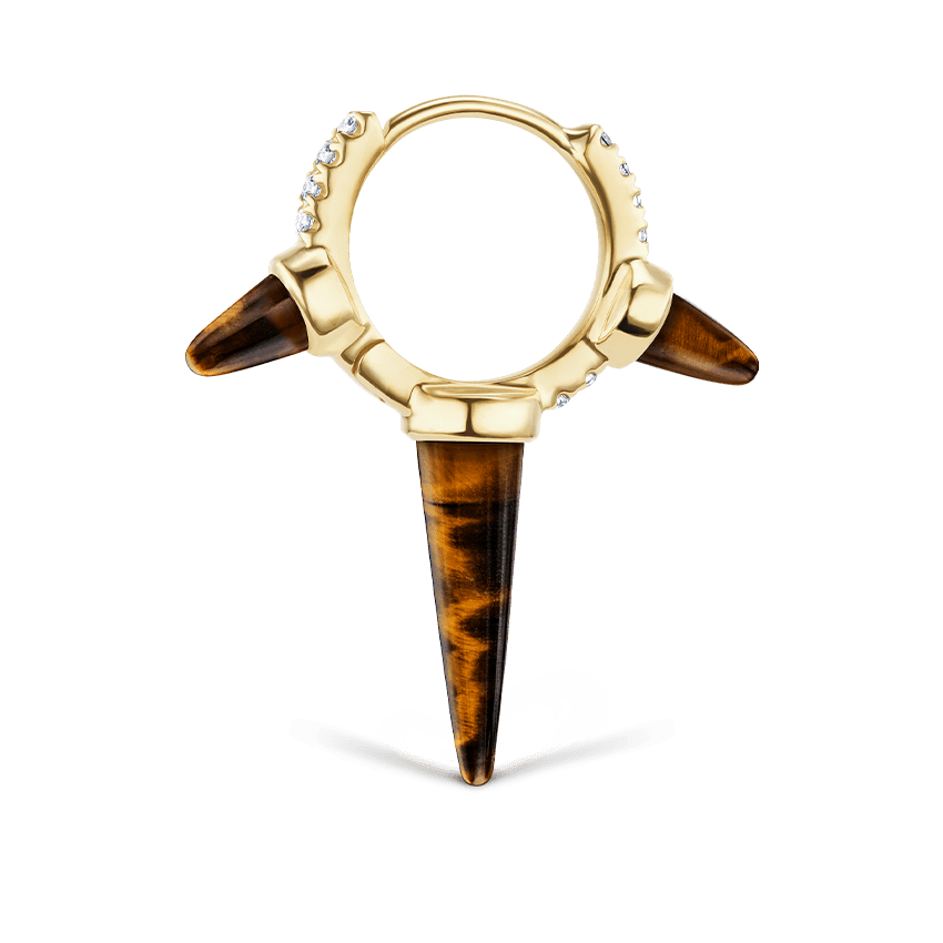 Tiger's Eye Triple Long Spike Diamond Eternity Hoop Earring Yellow Gold 8mm