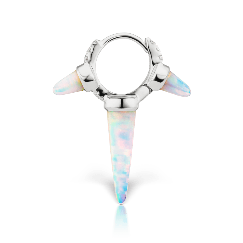 Triple Long Opal Spike Diamond Eternity Hoop Earring White Gold 6.5mm