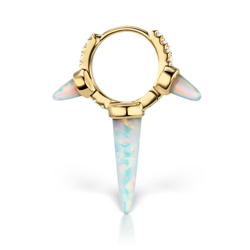 Triple Long Opal Spike Diamond Eternity Hoop Earring Yellow Gold 8mm