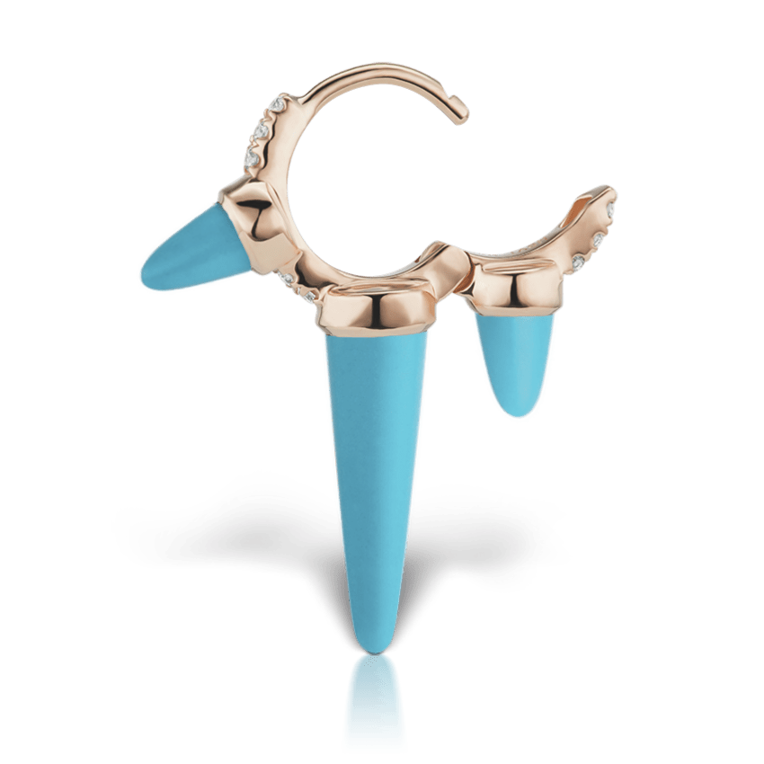 Triple Long Turquoise Spike Diamond Eternity Hoop Earring Rose Gold 6.5mm