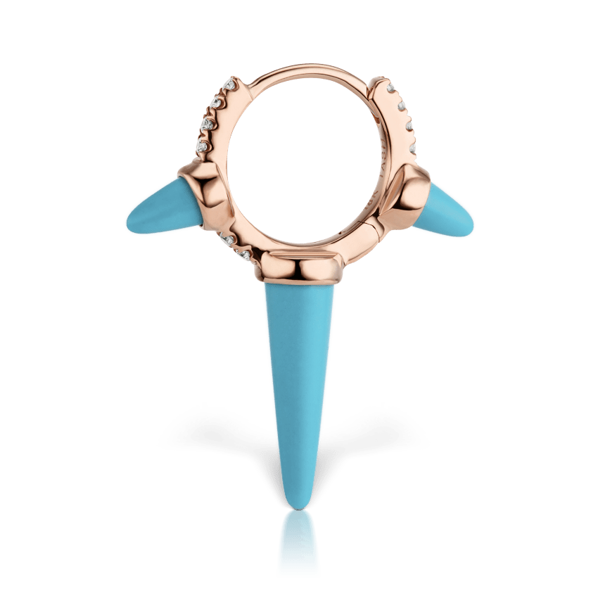 Triple Long Turquoise Spike Diamond Eternity Hoop Earring Rose Gold 8mm