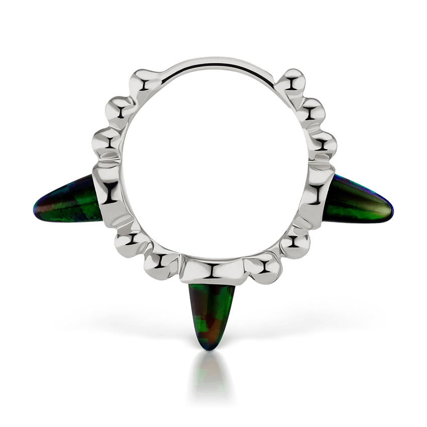 Triple Short Black Opal Spike Granulated Hoop Earring White Gold 9.5mm