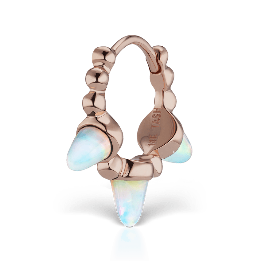 Triple Short Opal Spike Granulated Hoop Earring Rose Gold 8mm