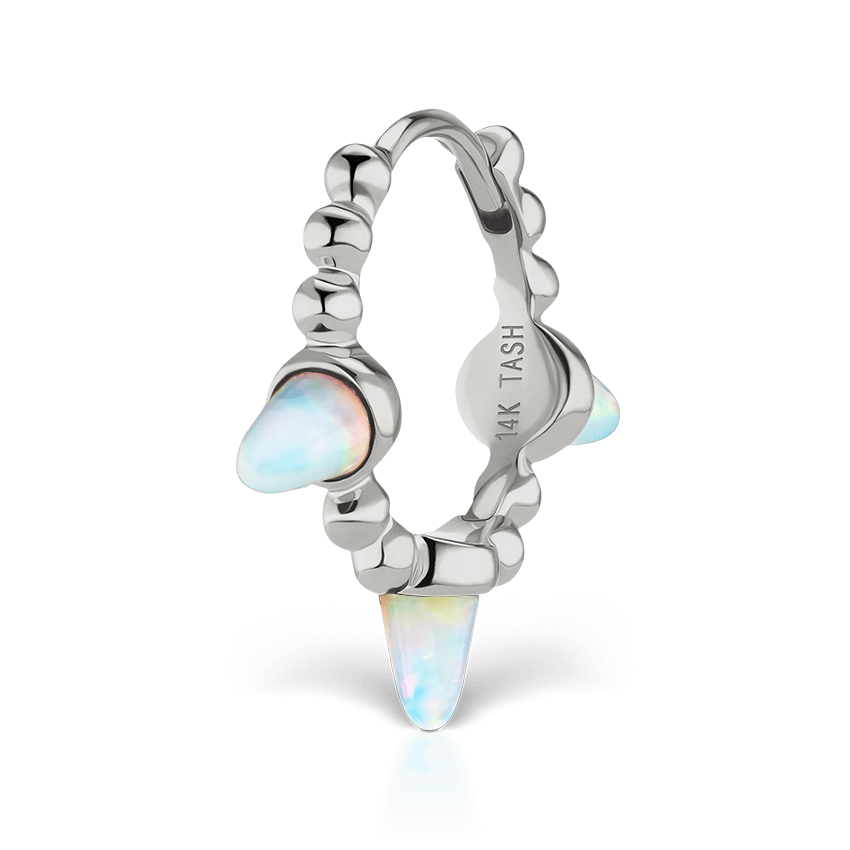 Triple Short Opal Spike Granulated Hoop Earring White Gold 9.5mm