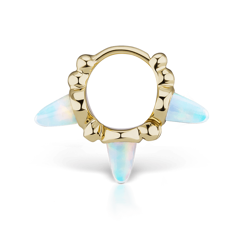 Triple Short Opal Spike Granulated Hoop Earring Yellow Gold 6.5mm