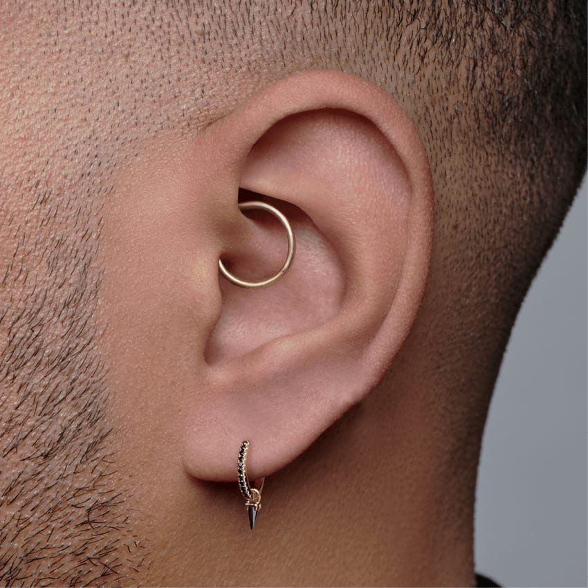 Black Diamond Eternity Hoop Earring Yellow Gold 8mm