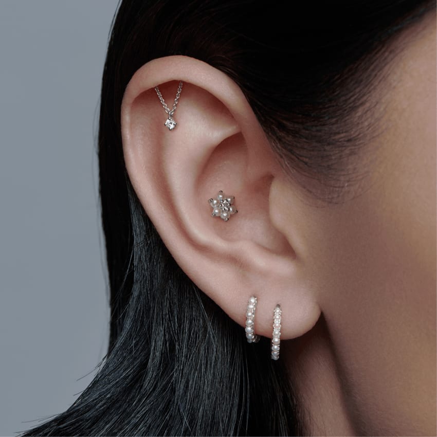 Pearl Flower with Diamond Center Threaded Stud Earring Rose Gold 7mm