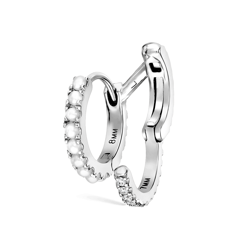 Pearl and Diamond Double Eternity Linked Hoop Earring and Cuff White Gold 8mm Left
