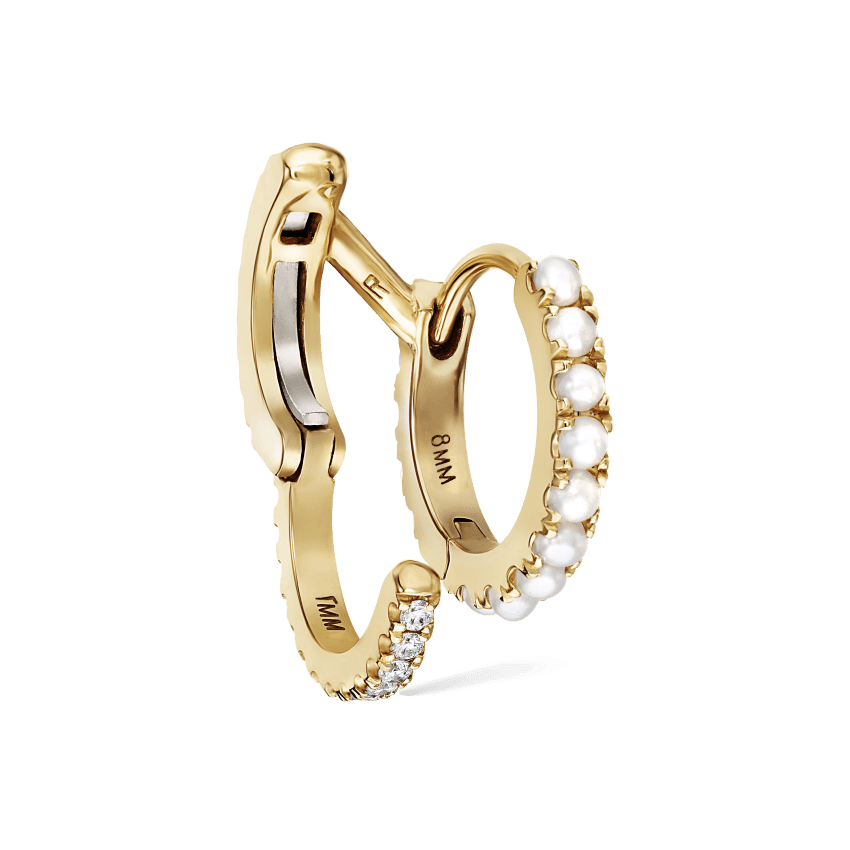 Pearl and Diamond Double Eternity Linked Hoop Earring and Cuff Yellow Gold 8mm Right