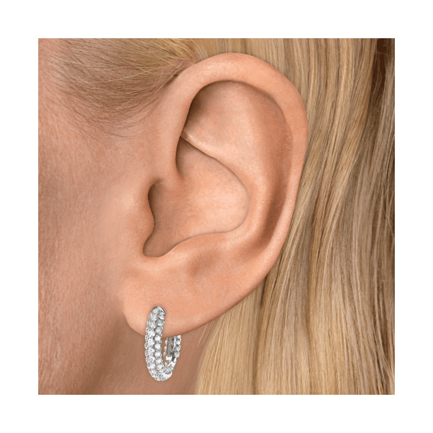 Invisible Set Diamond Three Row Pavé Hoop Earring White Gold 11mm