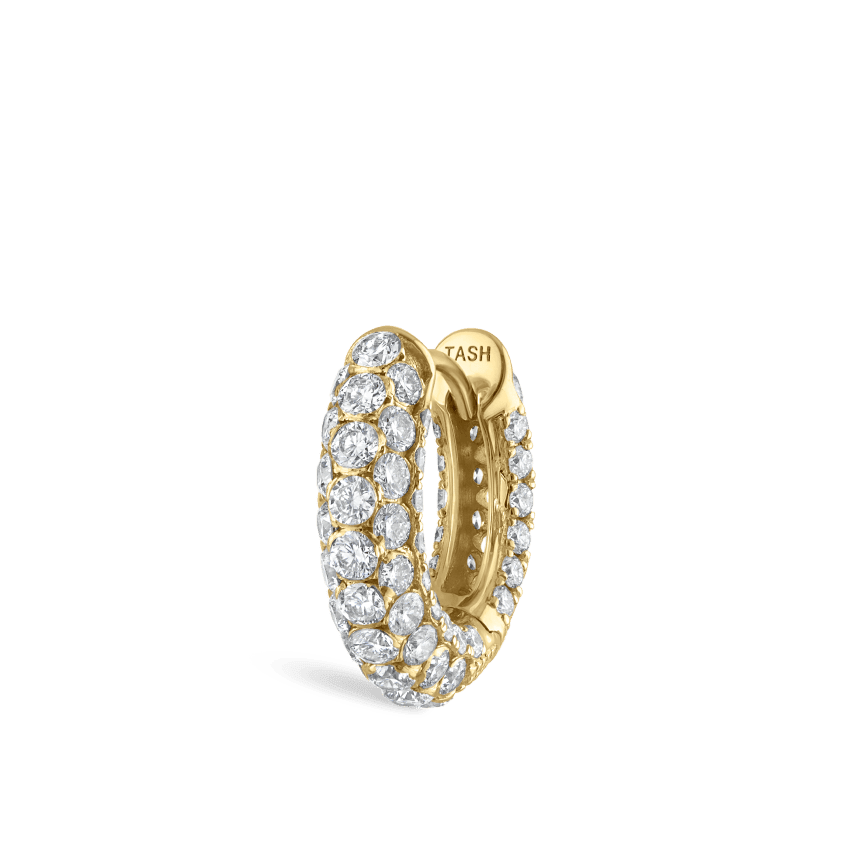 Invisible Set Diamond Three Row Pavé Hoop Earring Yellow Gold 8mm
