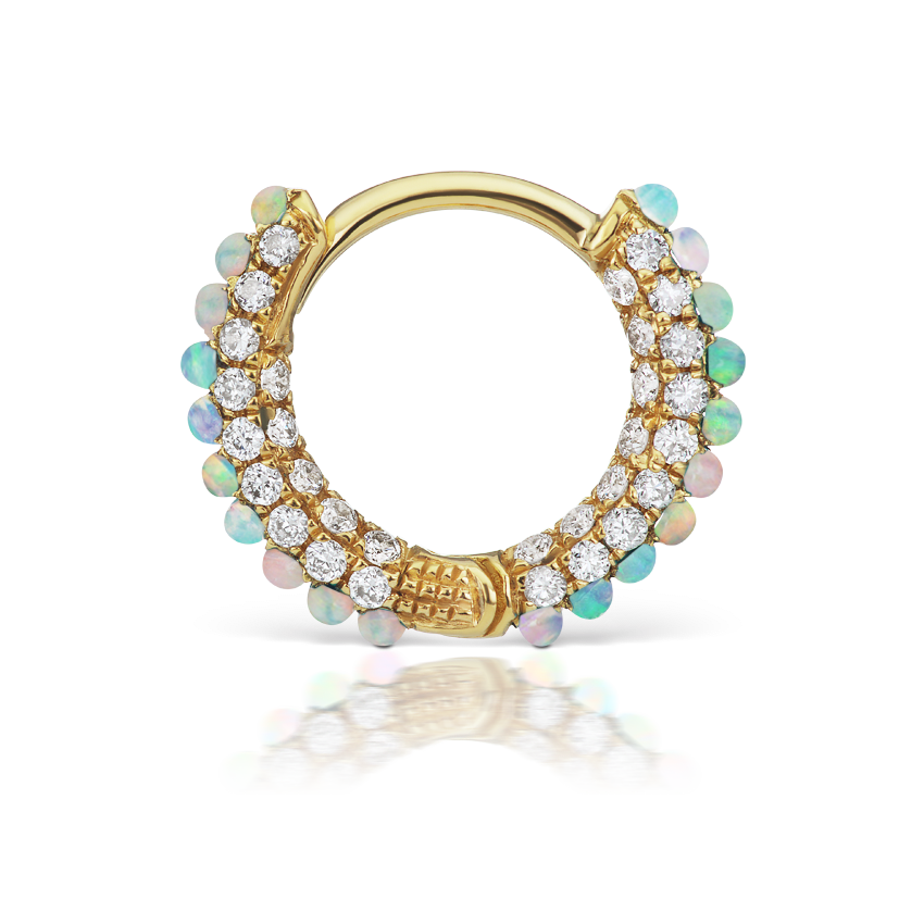 Opal and Diamond Pavé Hoop Earring (Bottom Hinge) Yellow Gold 8mm
