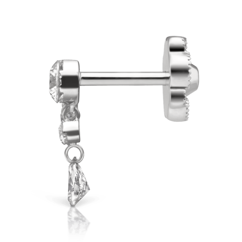 Invisible Set Diamond Crescendo Bar Threaded Stud Earring White Gold 18mm Right
