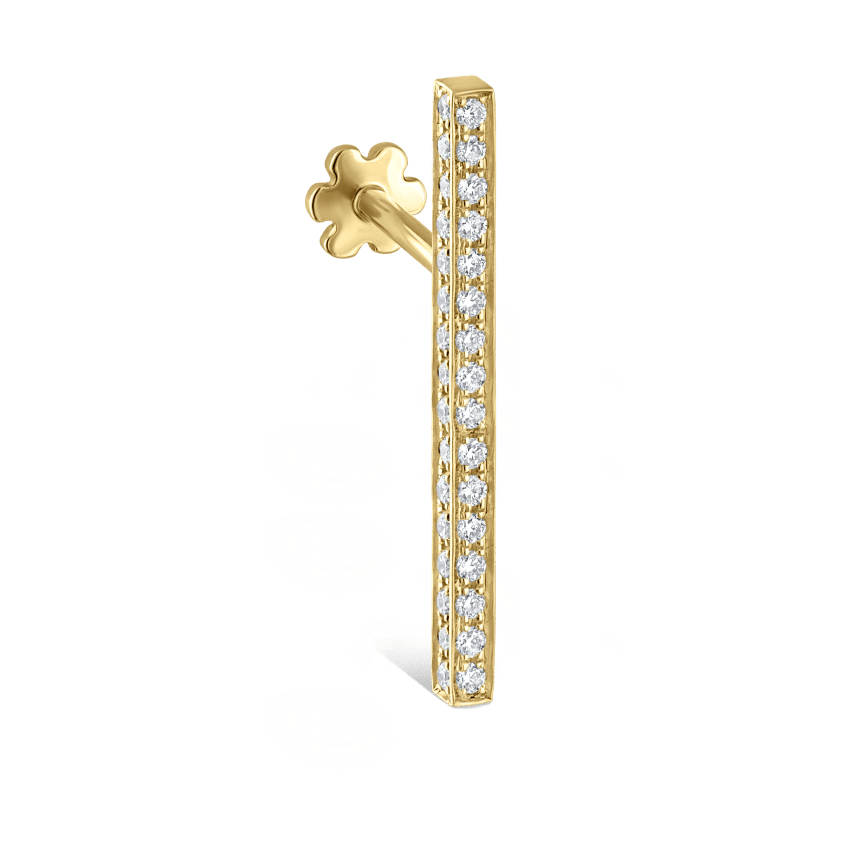 Square Diamond Pavé Bar Threaded Stud Earring Yellow Gold 18mm