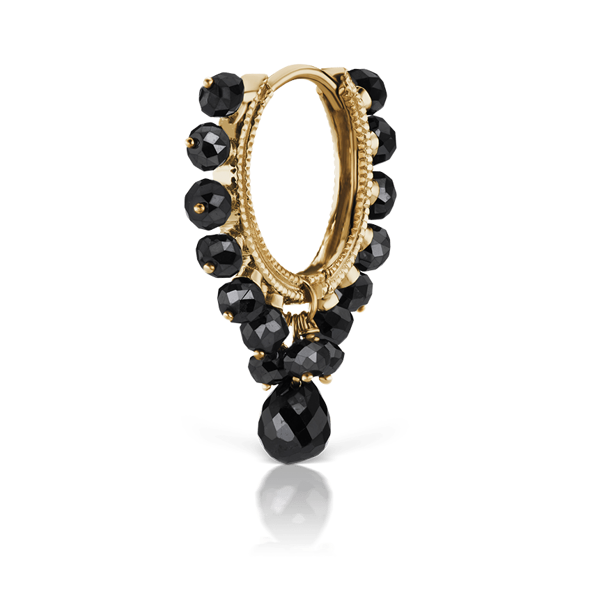 Black Diamond Coronet with Briolette Hoop Earring Yellow Gold 9.5mm