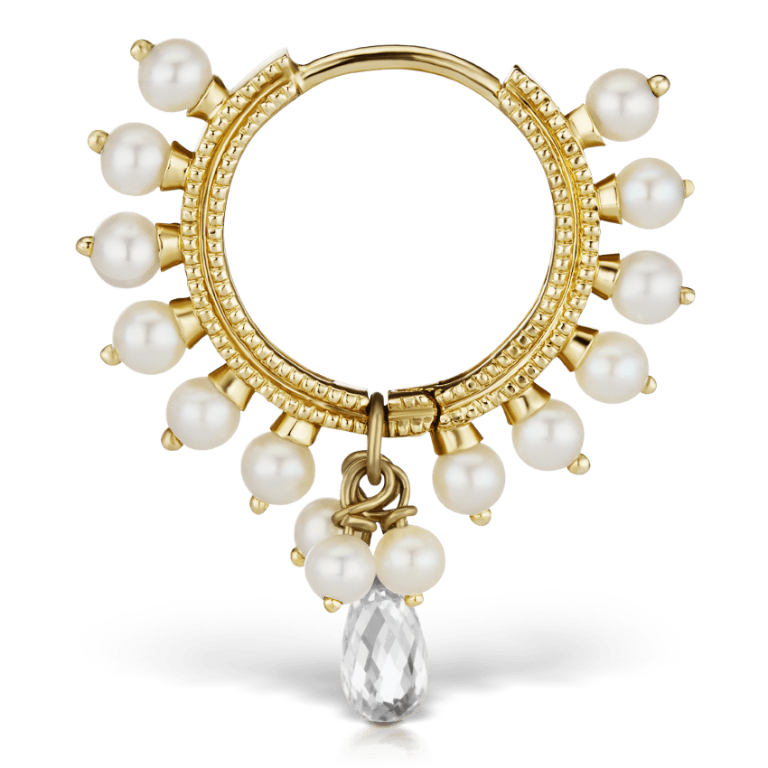 Pearl Coronet Diamond Briolette Hoop Earring Yellow Gold 9.5mm