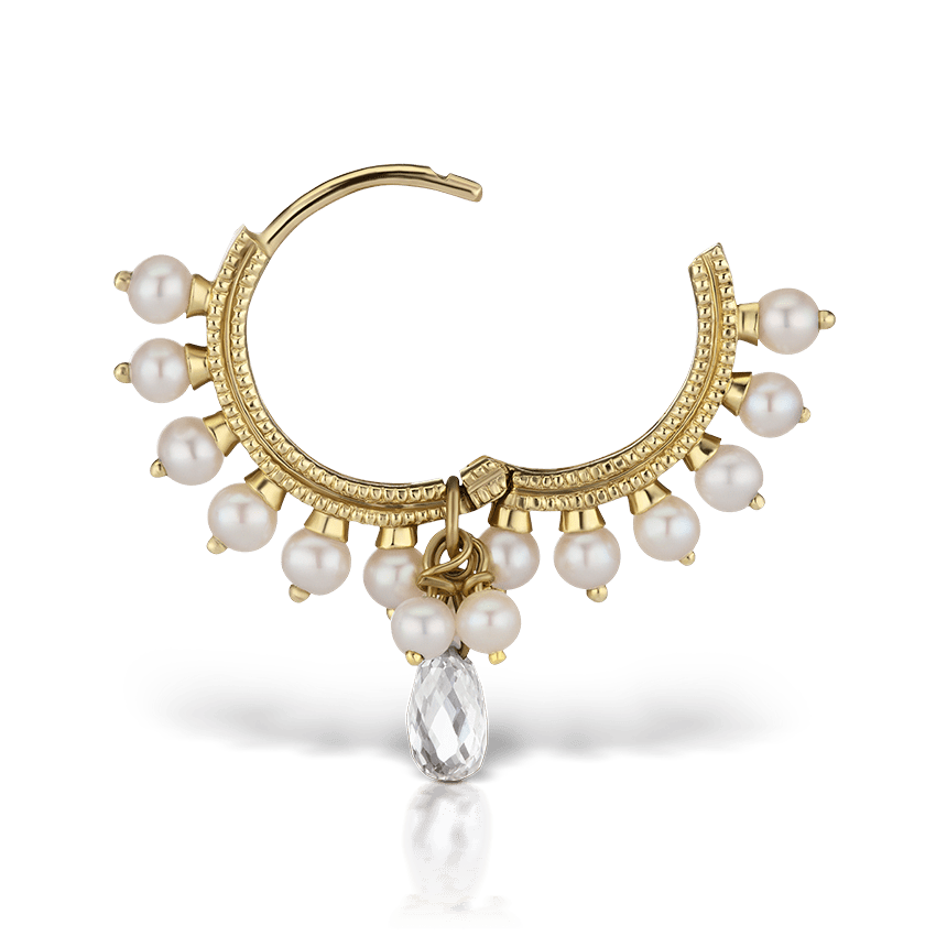 Pearl Coronet Diamond Briolette Hoop Earring Yellow Gold 9.5mm