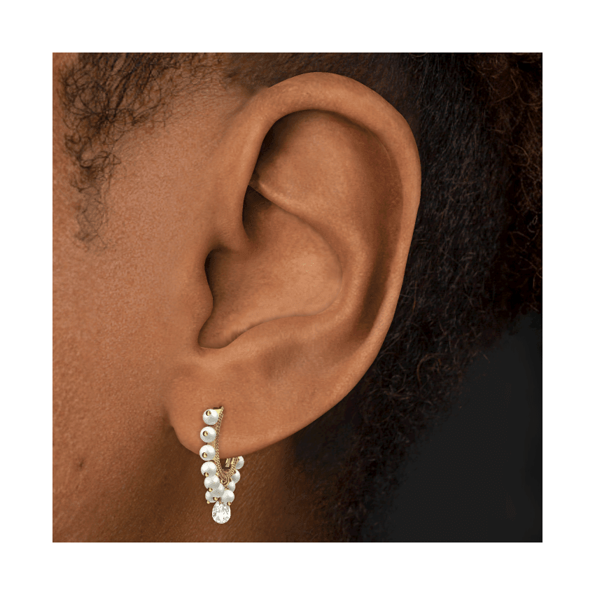 Pearl Coronet Diamond Briolette Hoop Earring Yellow Gold 9.5mm