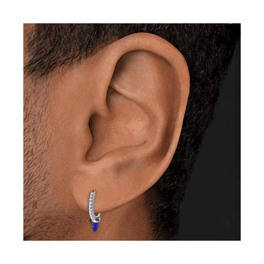 Lapis Single Short Spike Diamond Eternity Hoop Earring Yellow Gold 8mm