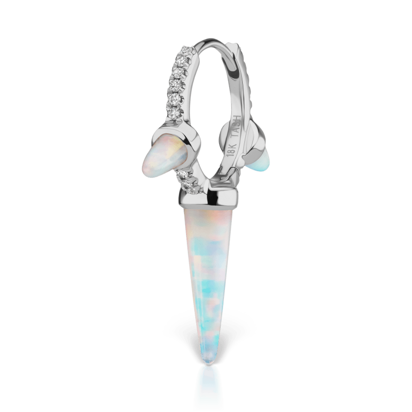 Triple Long Opal Spike Diamond Eternity Hoop Earring White Gold 9.5mm