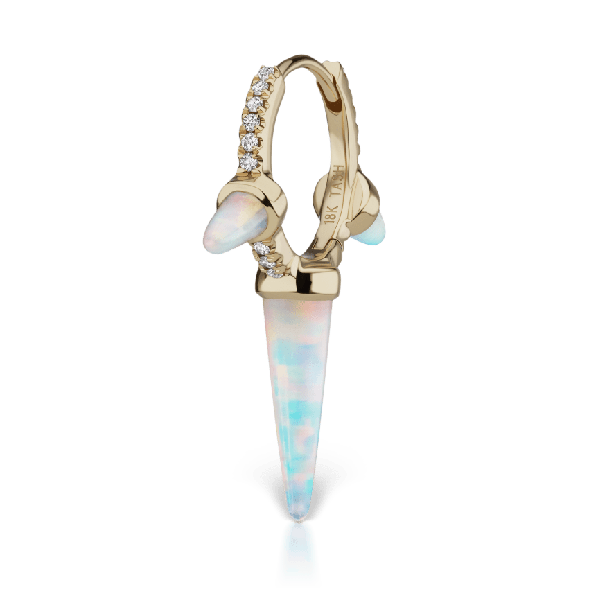 Triple Long Opal Spike Diamond Eternity Hoop Earring Yellow Gold 9.5mm
