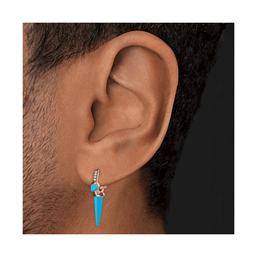 Triple Long Turquoise Spike Diamond Eternity Hoop Earring Rose Gold 8mm