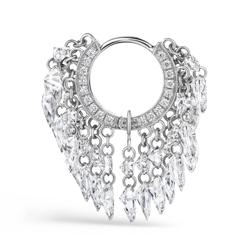 Floating Diamond Tassel Hoop Earring White Gold 8mm